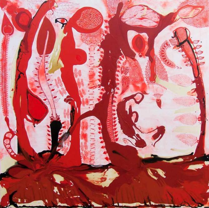 John Pule, The Disagreement, 2014, oils, enamels, inks, oil stick, polyurethane on canvas, 200 x 200 cm